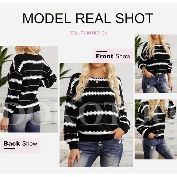 Womens Color Block Sweaters Long Sleeve Crewneck Pullover Knit Jumper Tops - Picture 2 of 4